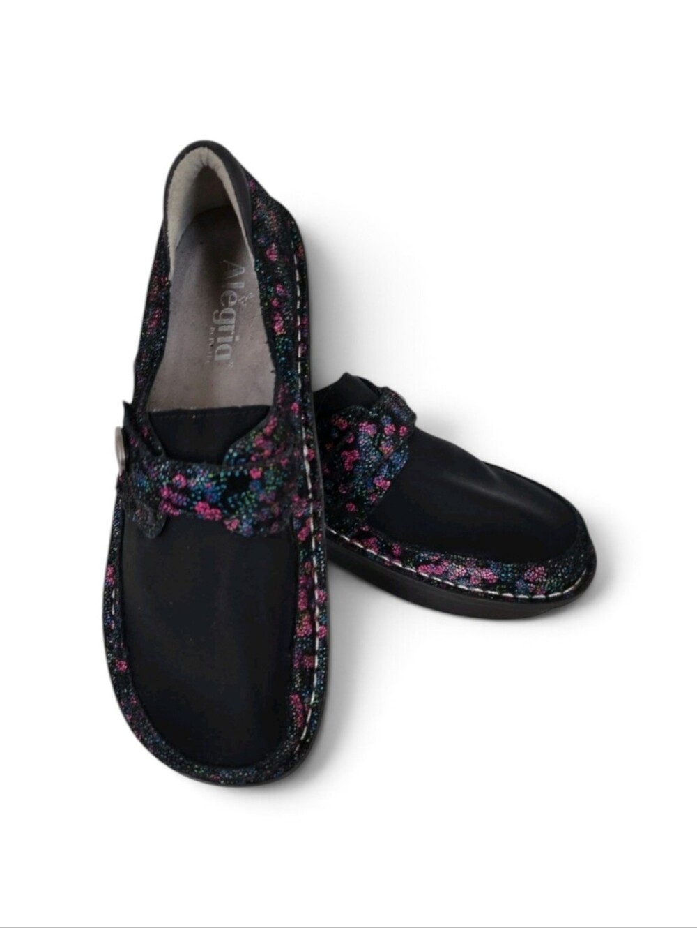 Alegria Dena Black Floral Leather & Neoprene Comfort Shoes sz 40 US 9.5-10
